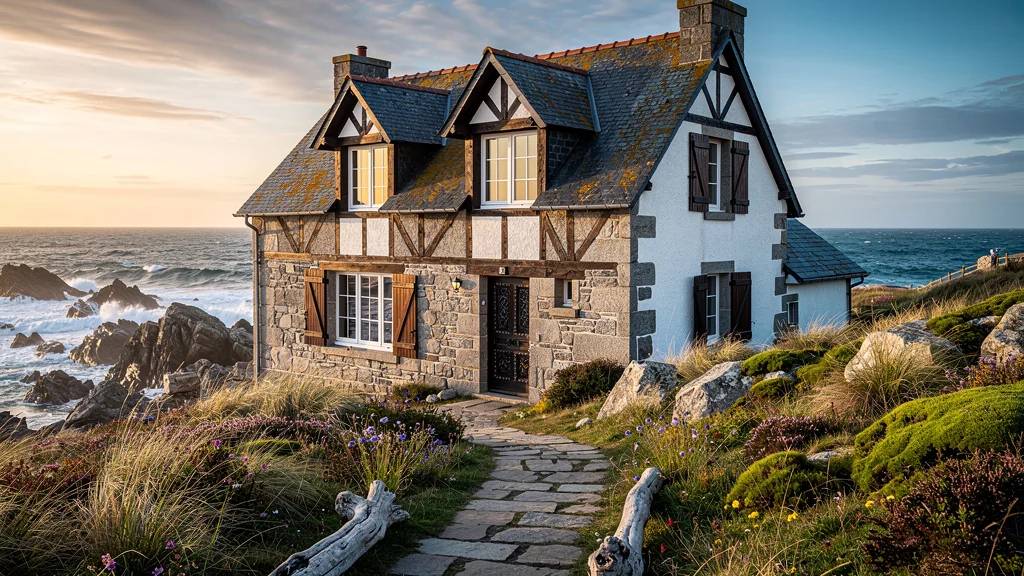 Maison bretonne traditionnelle en bord de mer, granite et bois, paysage côtier sauvage Atlantique