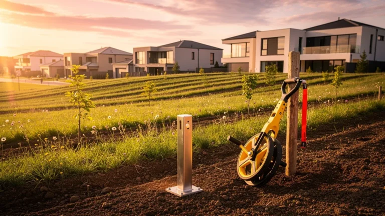 Terrain constructible en périphérie urbaine montrant la plus-value immobilière potentielle au coucher du soleil