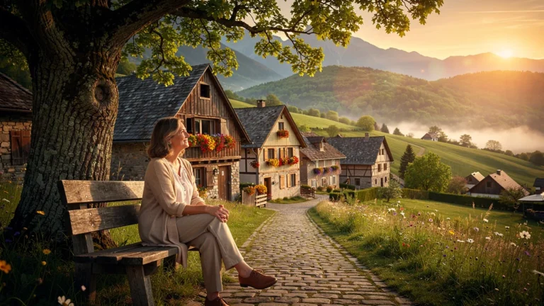 Portrait réaliste d’une femme mature dans un village paisible illustrant Provillage après 3 mois d’expérience