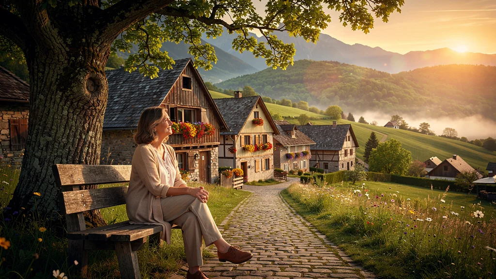 Portrait réaliste d’une femme mature dans un village paisible illustrant Provillage après 3 mois d’expérience