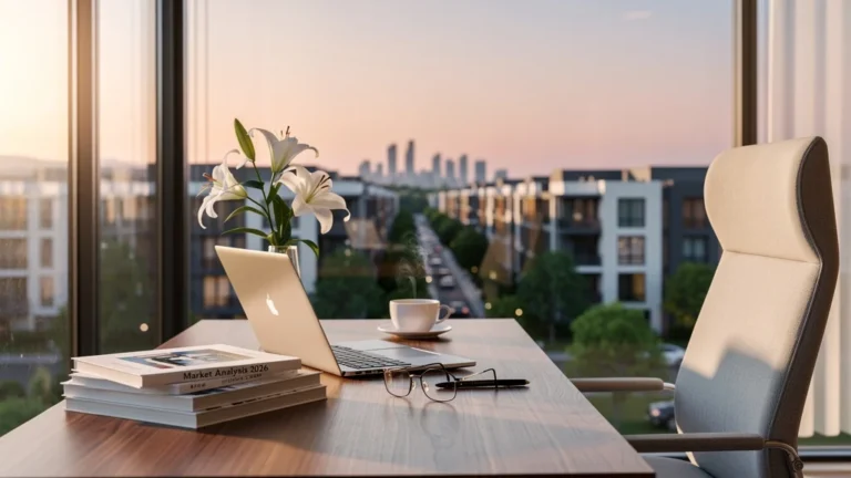 Espace de travail lumineux et moderne d’une rédactrice immobilière professionnelle, ambiance matinale calme