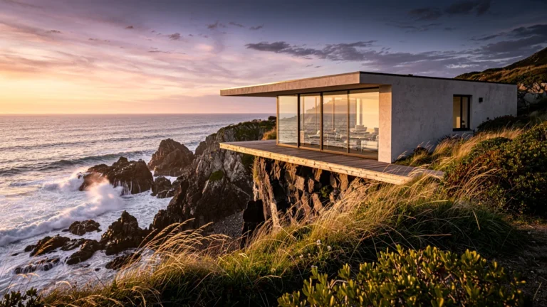 Maison contemporaine sur la côte perchée sur une falaise avec vue panoramique sur l’océan au coucher du soleil