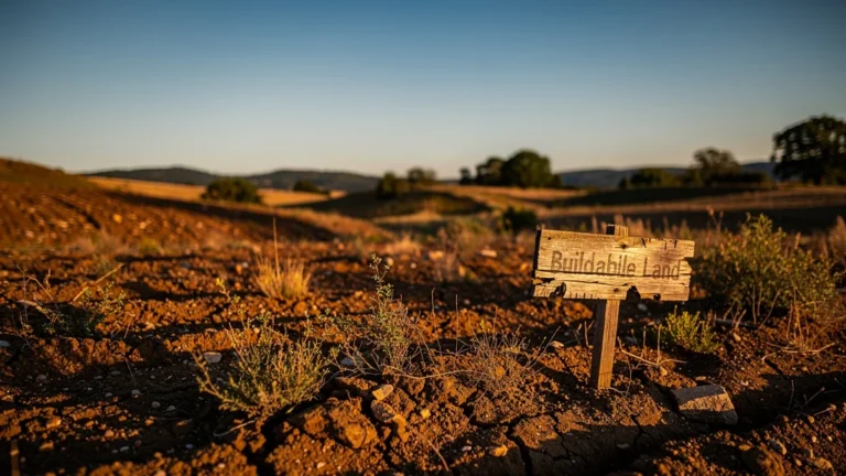 Terrain constructible non viabilisé à vendre, paysage naturel sans infrastructures, lumière dorée réaliste
