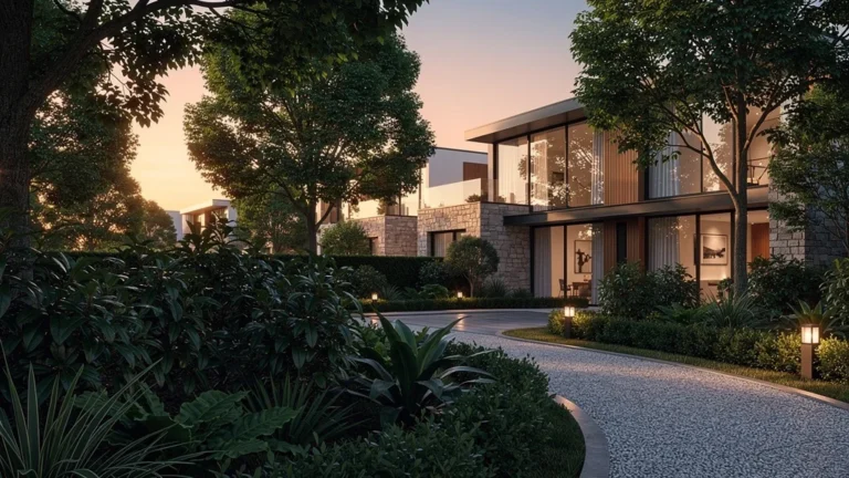 Quartier résidentiel avec feuillage vertfoncé luxuriant au coucher du soleil, ambiance calme et moderne